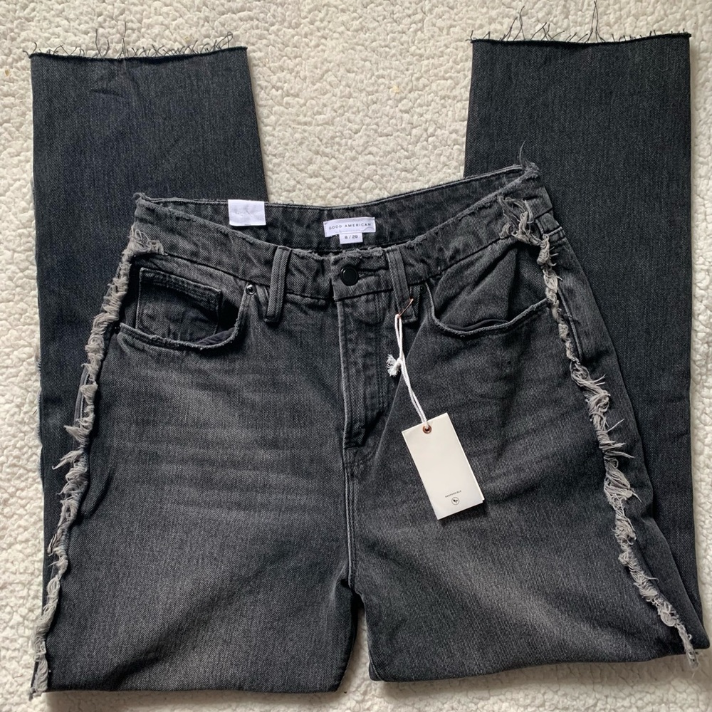 Good American Good Boy Frayed Outseam Straight Leg Jeans
